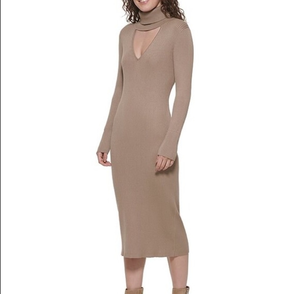 NWT dkny | taupe long sleeve turtleneck keyhole cutout ribbed midi dress